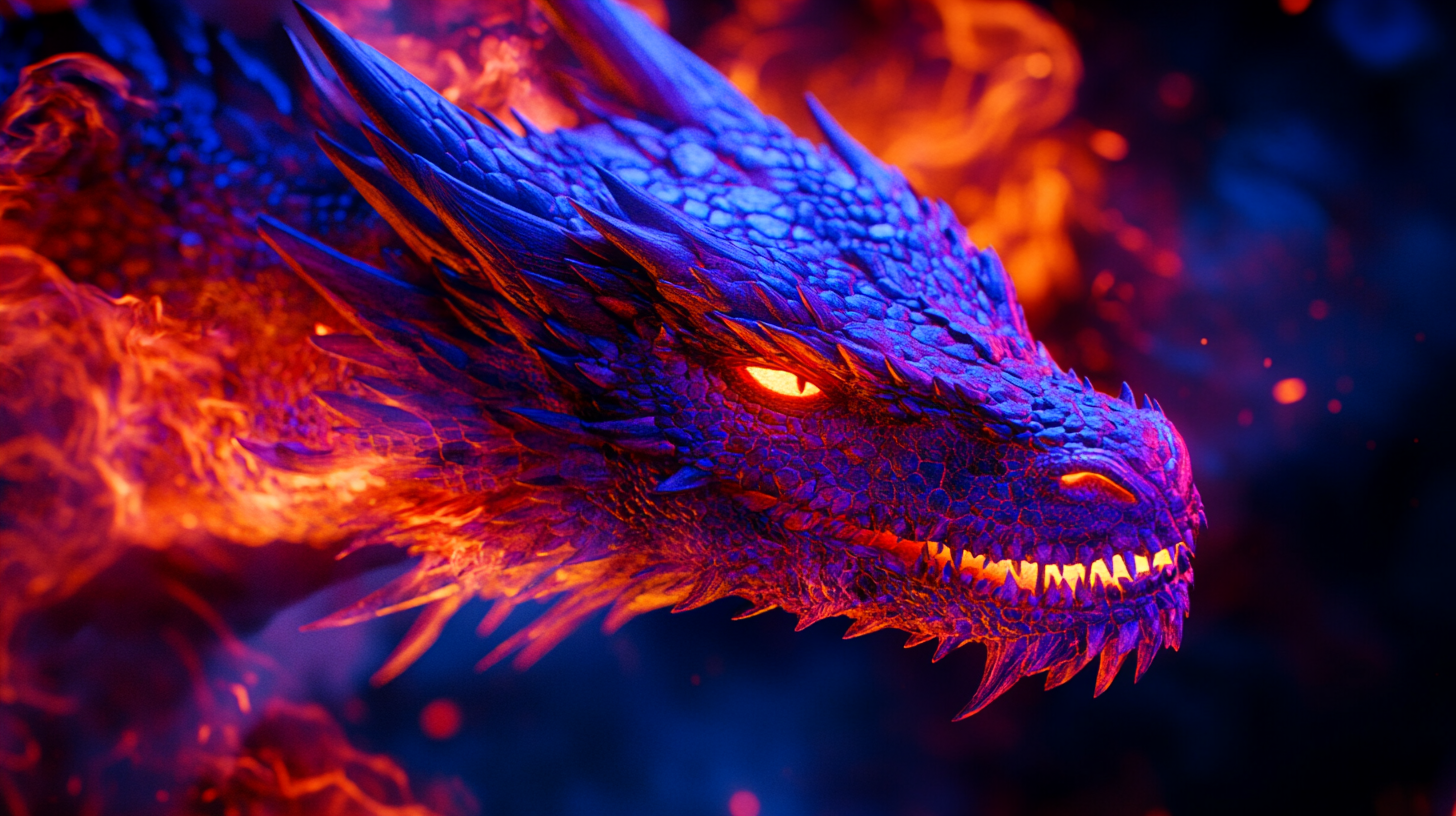 The Giant Dragon Breathing Flames in Fiery Light