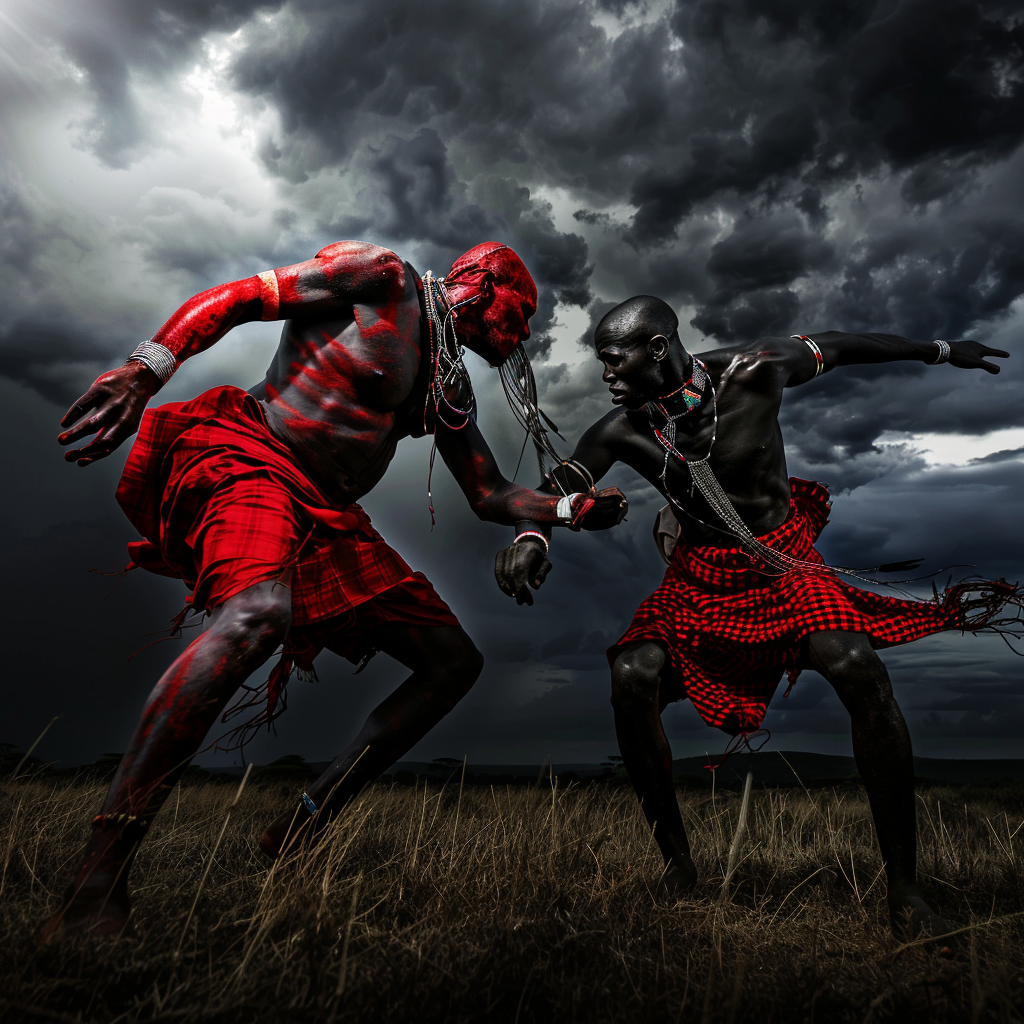 The Giant Masai Warriors Wrestling Under Stormy Sky