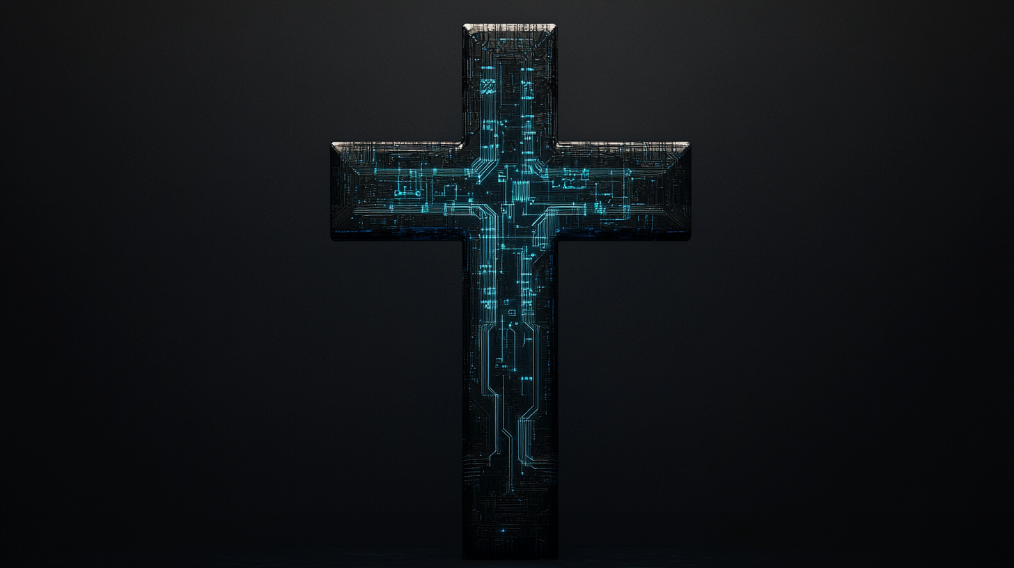 The Glowing Byzantine Cross with Blue Circuit Design