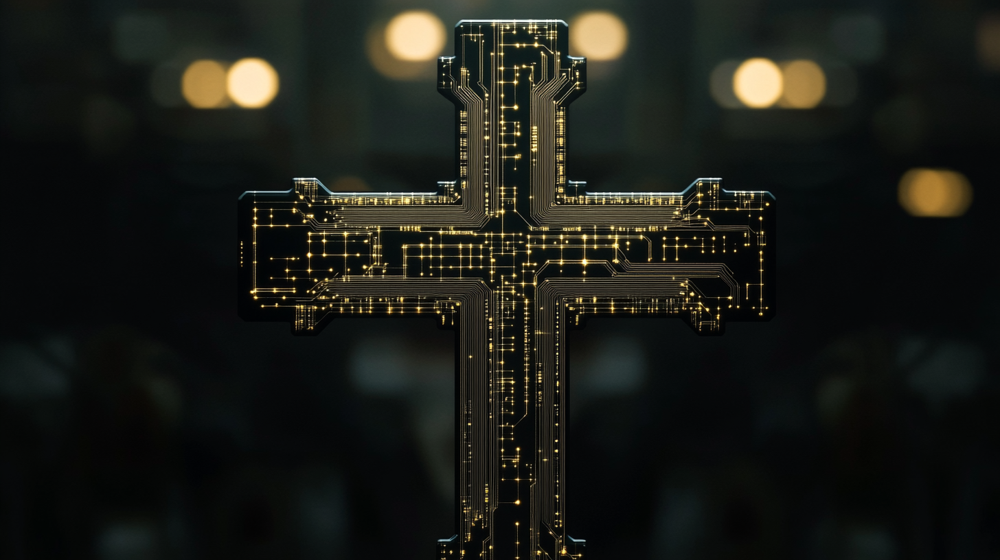 The Glowing Circuit Cross Represents Divine Connection