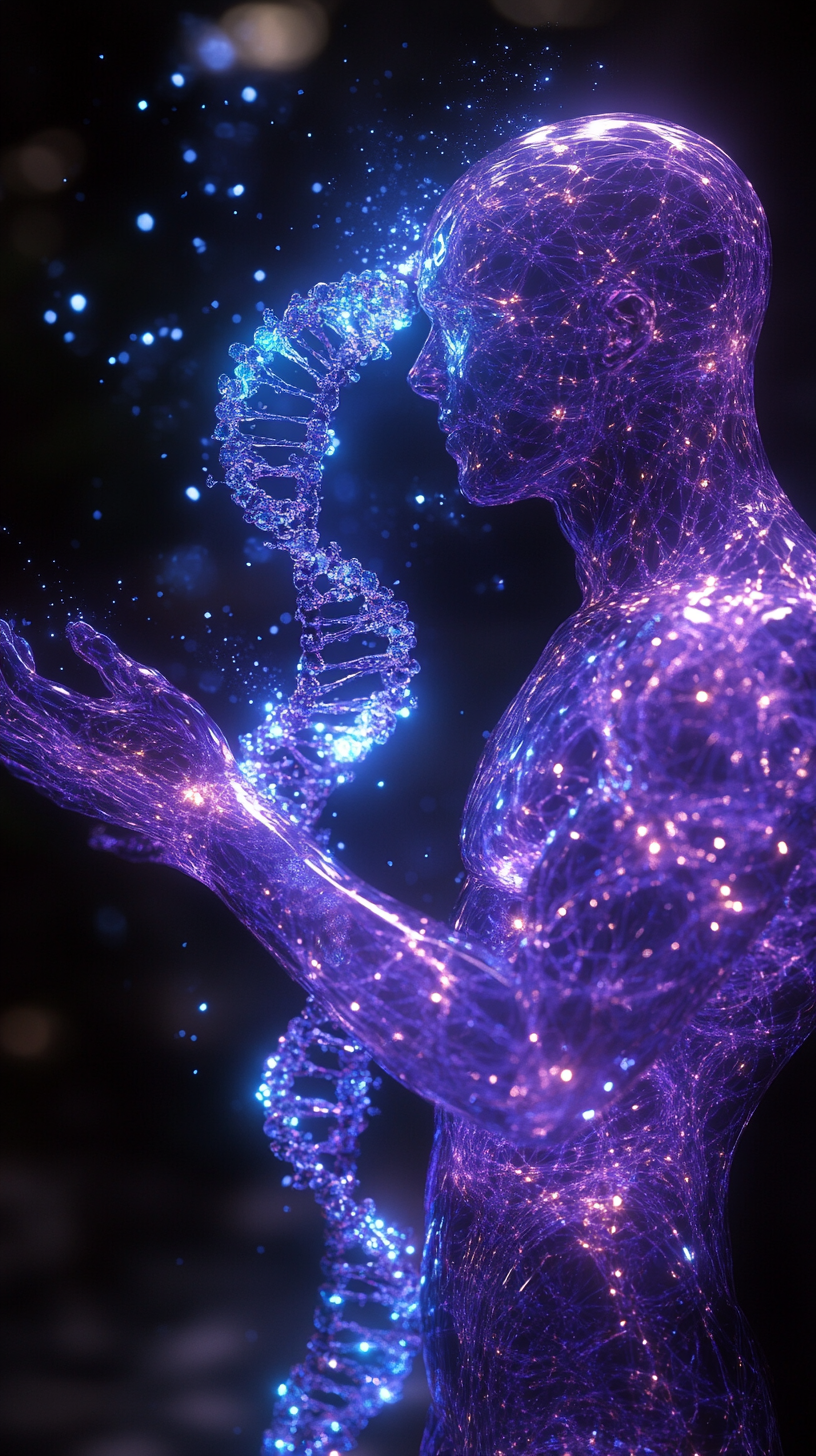 The Glowing Purple Figure Holding DNA Helix