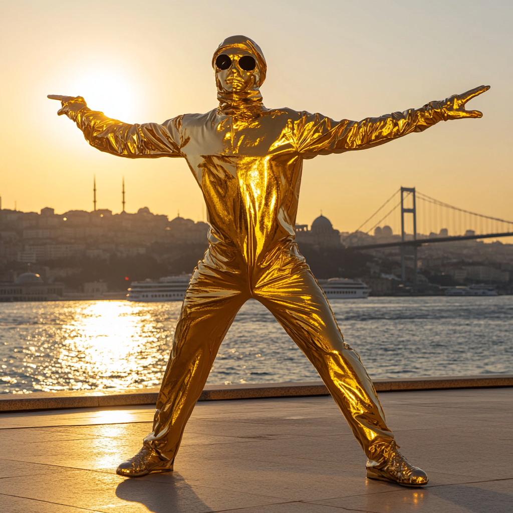 The Golden Man Dances on Istanbul Bridge