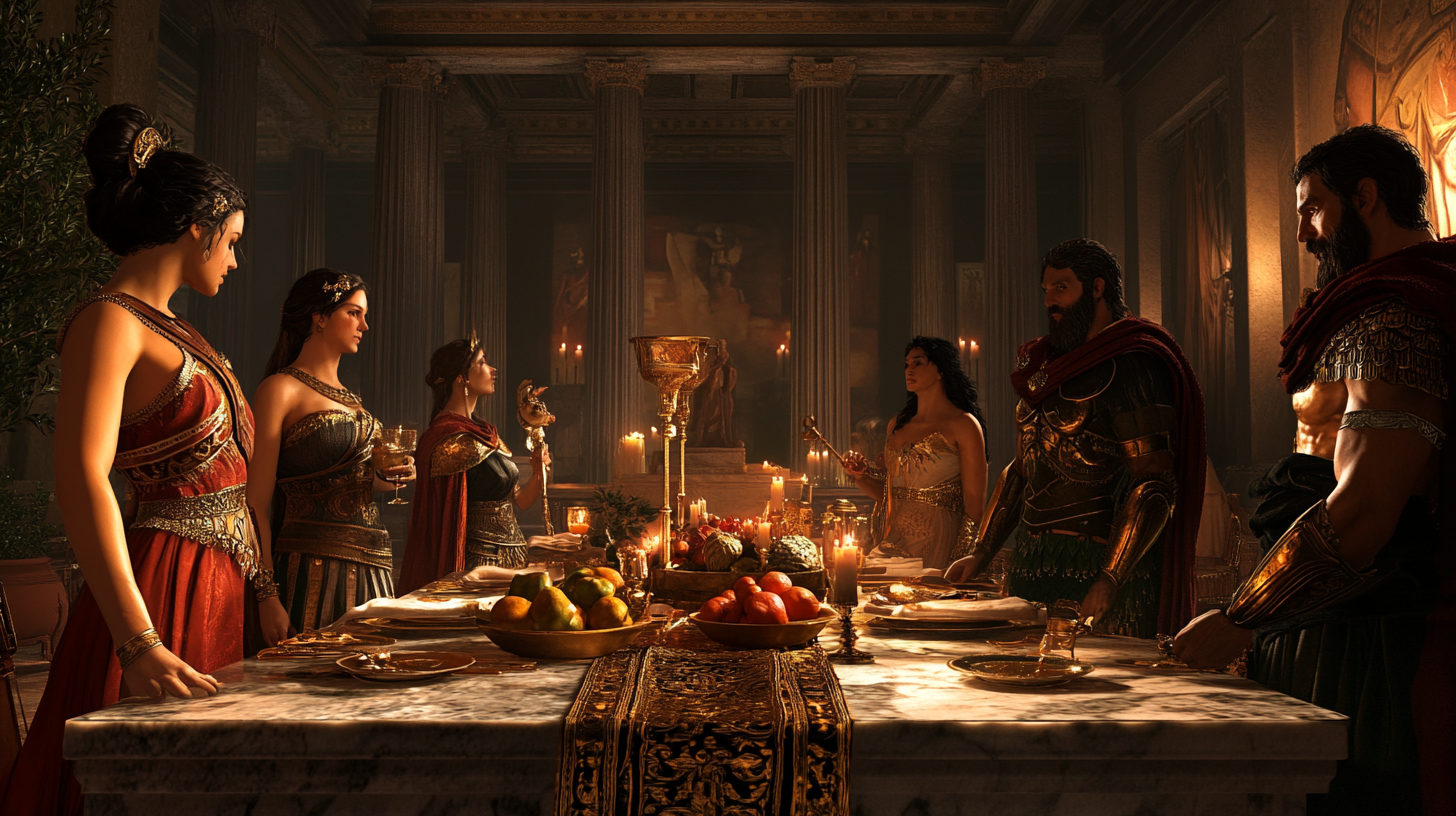 The Greek Gods' Grand Gathering in Candlelit Hall