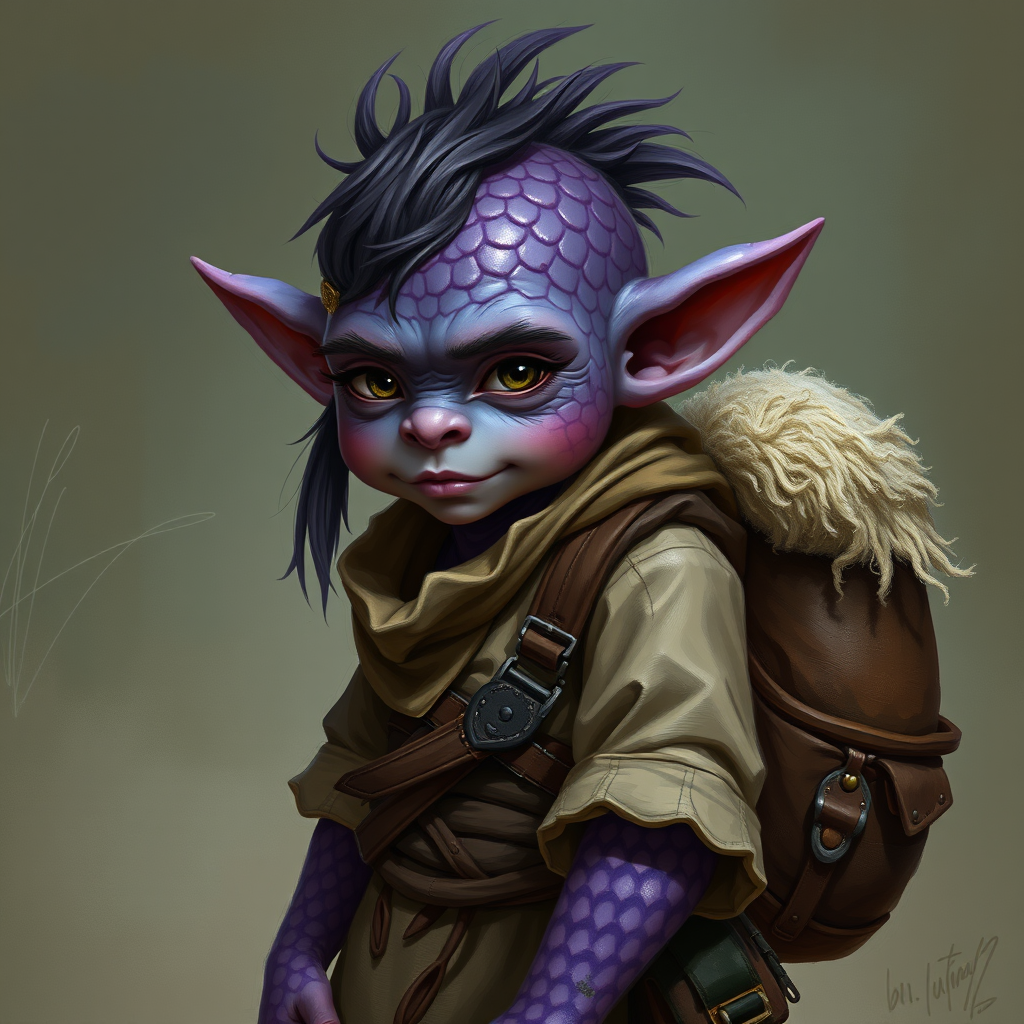 The Halfling with Purple Scales and Stuffed Backpack