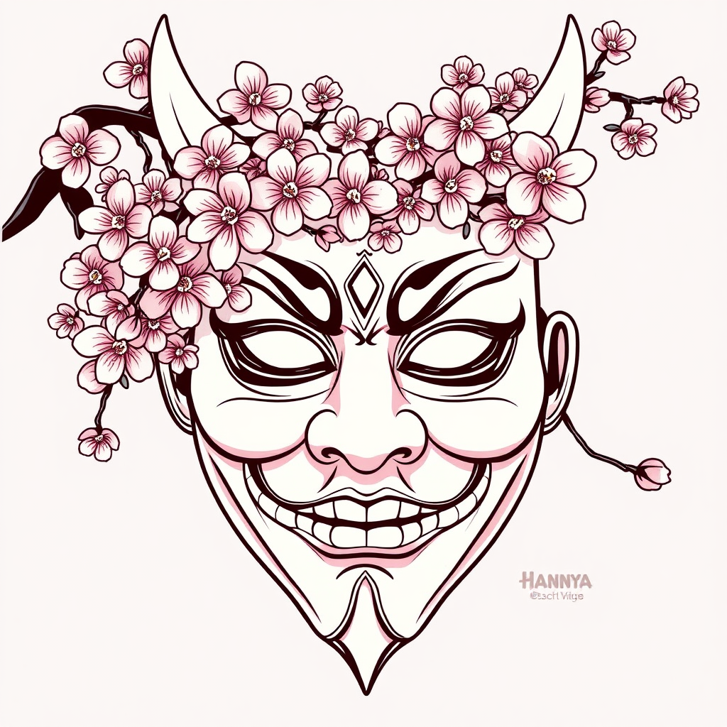 The Hannya Mask and Cherry Blossom Outline