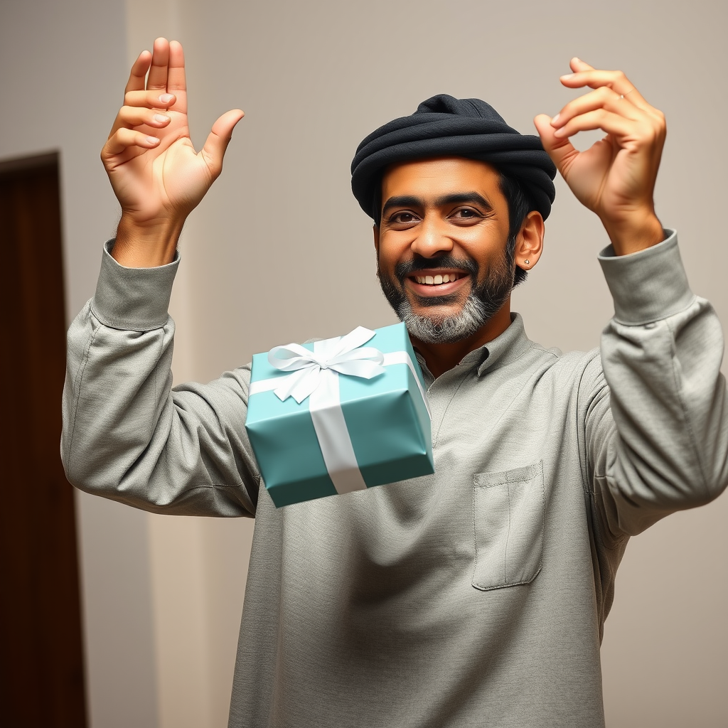 The Happy Elderly Arab Man Holding a Mystery Gift