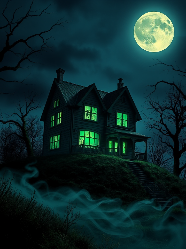 The Haunted House on Halloween Night Under Full Moon