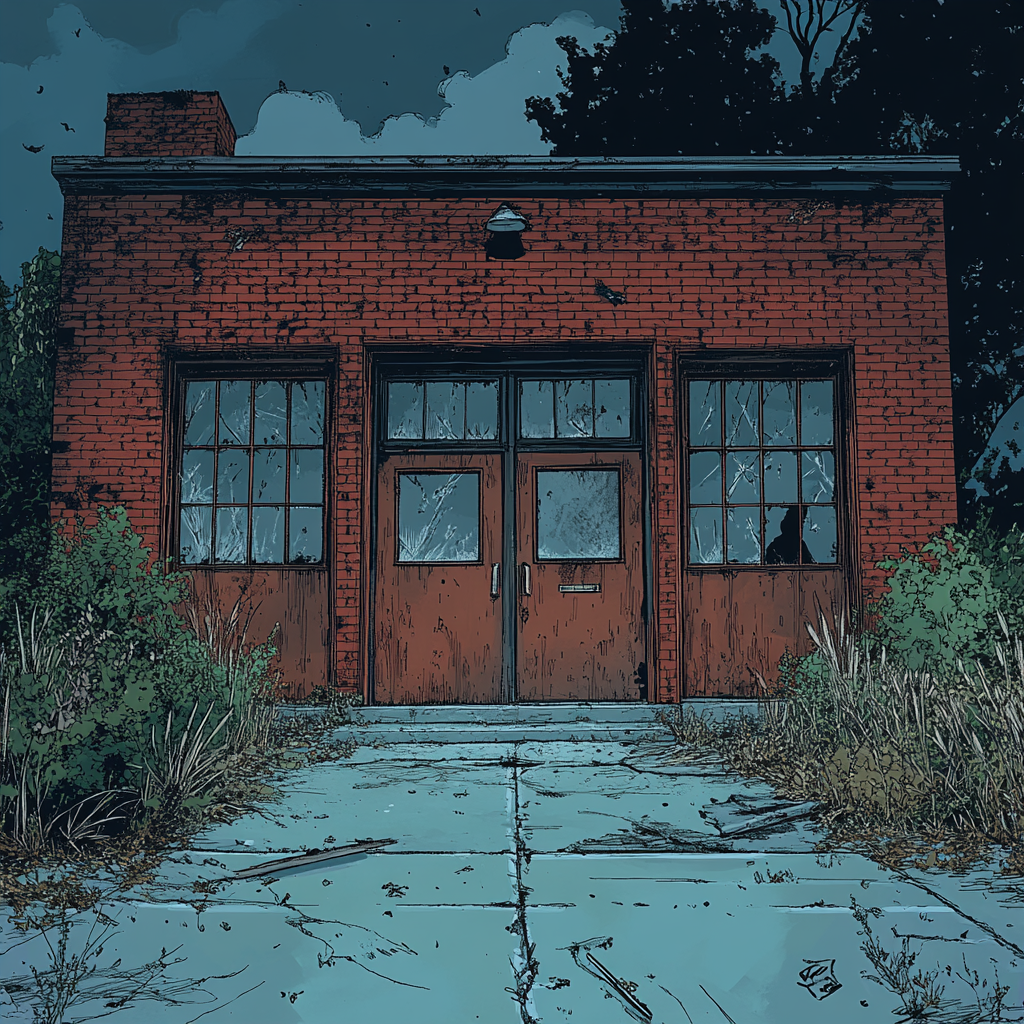 The Haunted Single-Story Brick School: A Spooky Scene