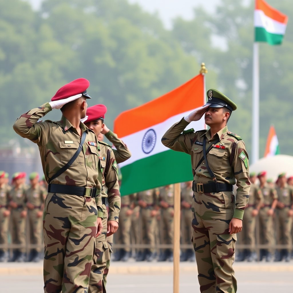 The Indian Army Soldiers Saluting National Flag.