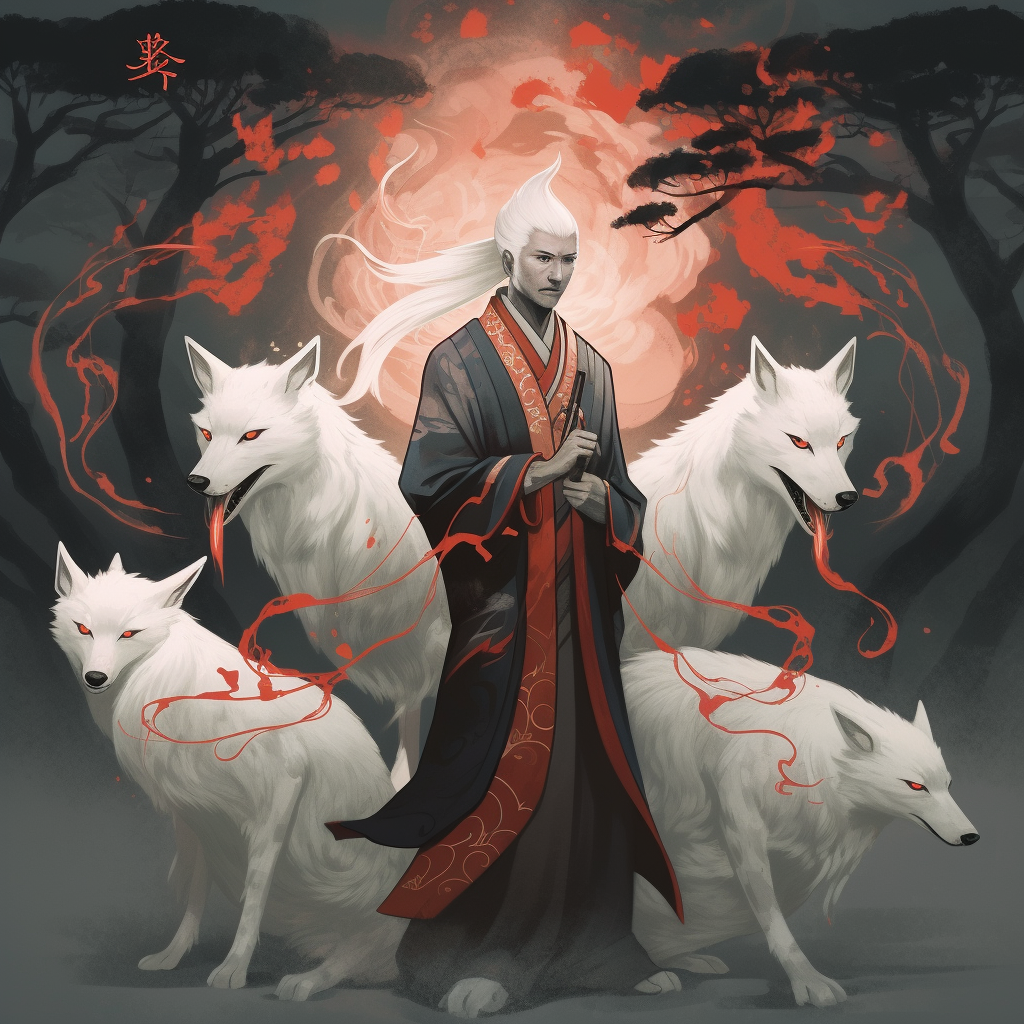 The Japanese Man with Giant Foxes and Lightning