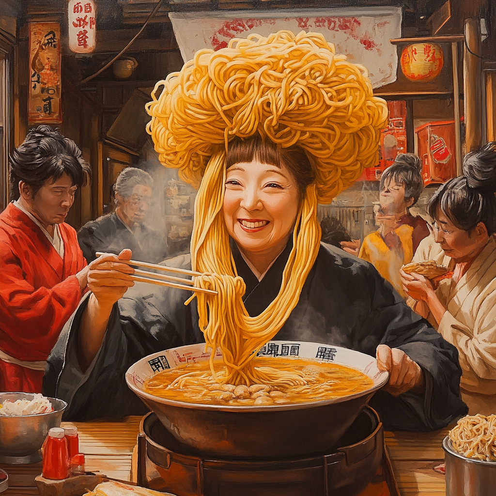 The Japanese Woman with Noodle Hairstyle in Ramen Shop