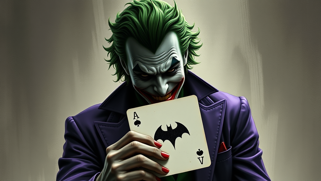 The Joker Holding Batman Card in Purple Outfit