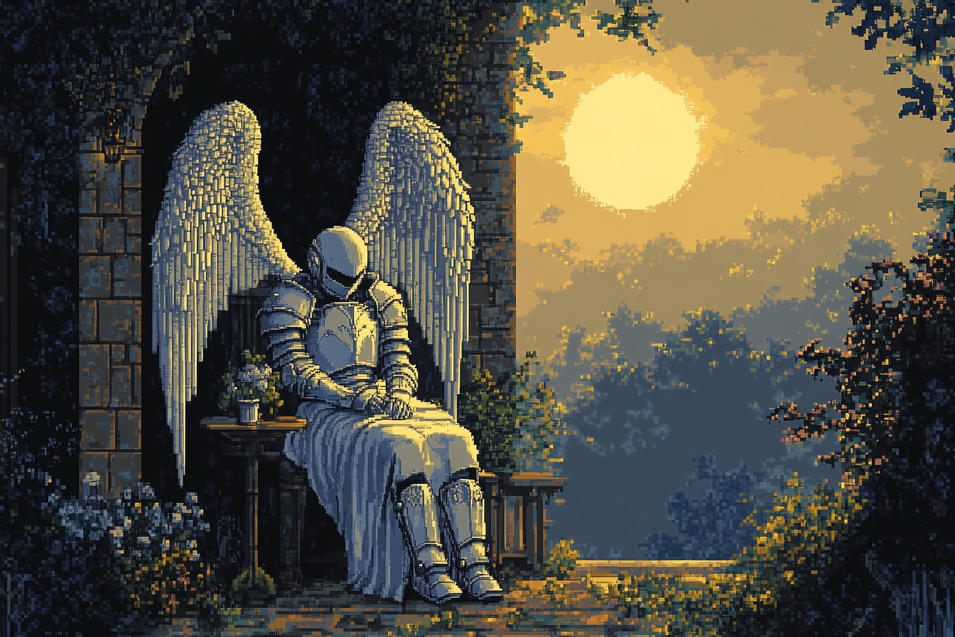 The Knight with Angel Wings in a Night Garden