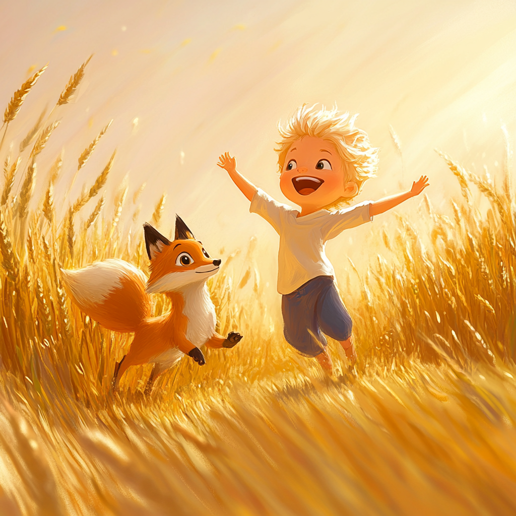 The Little Prince and Fox Running in Field