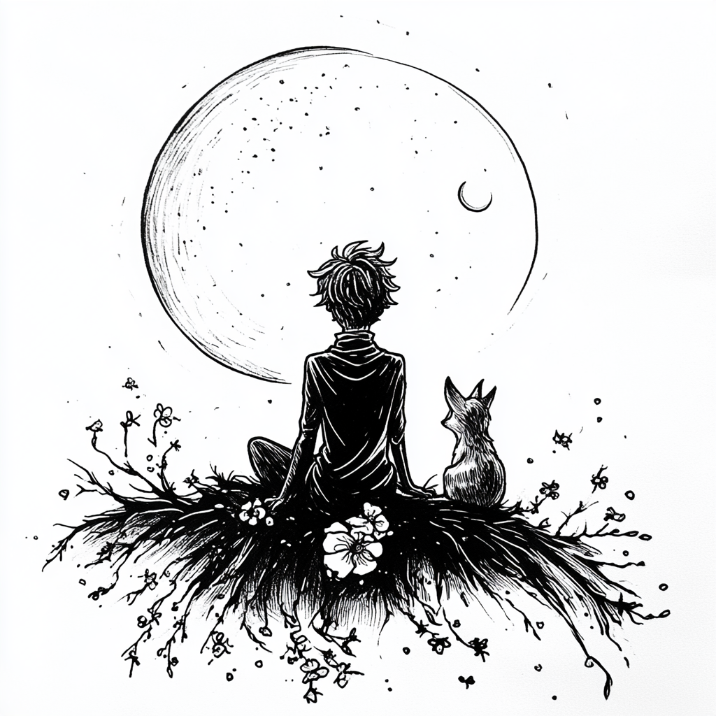 The Little Prince and Fox on compass tattoo design.