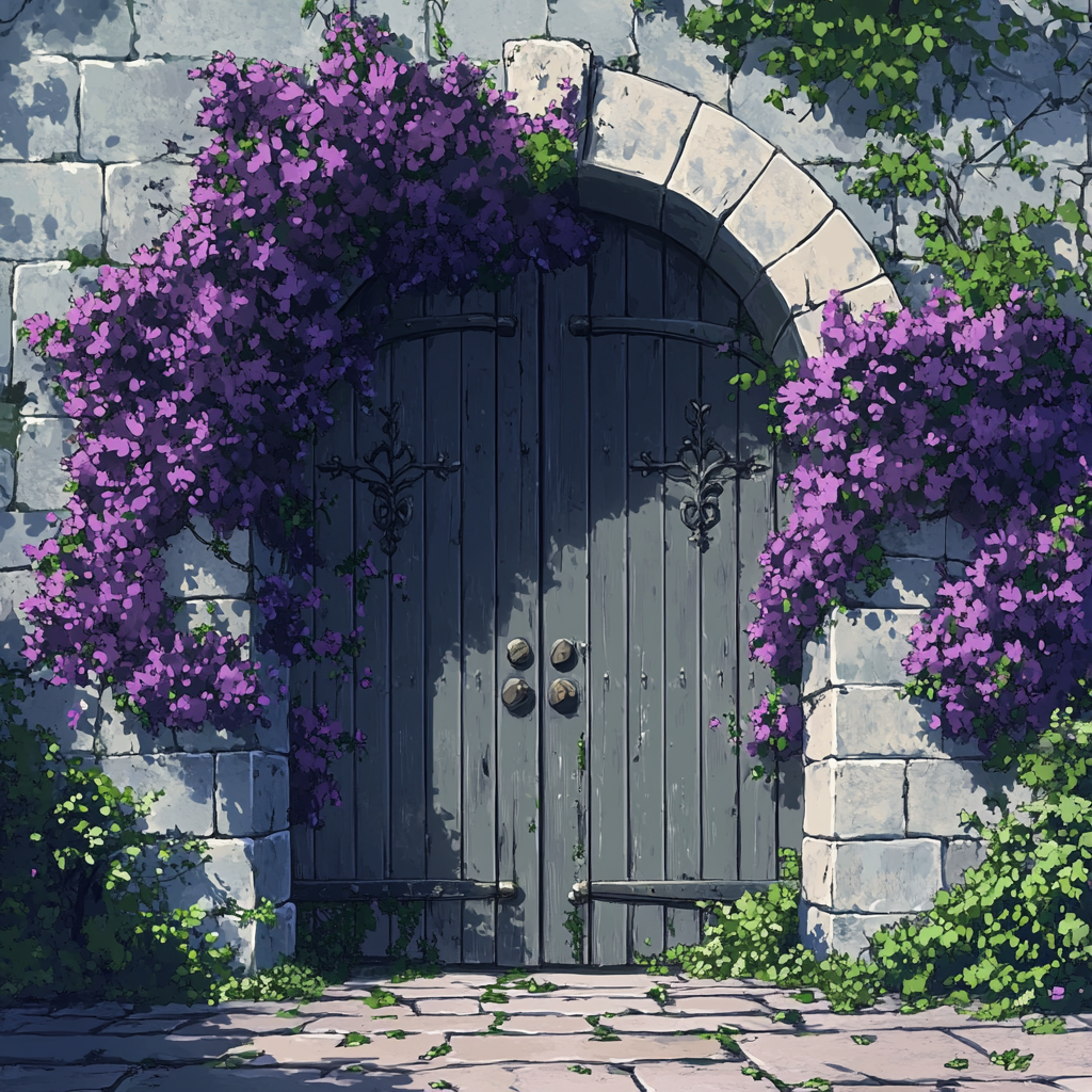 The Magical Double Castle Gates with Purple Flowers