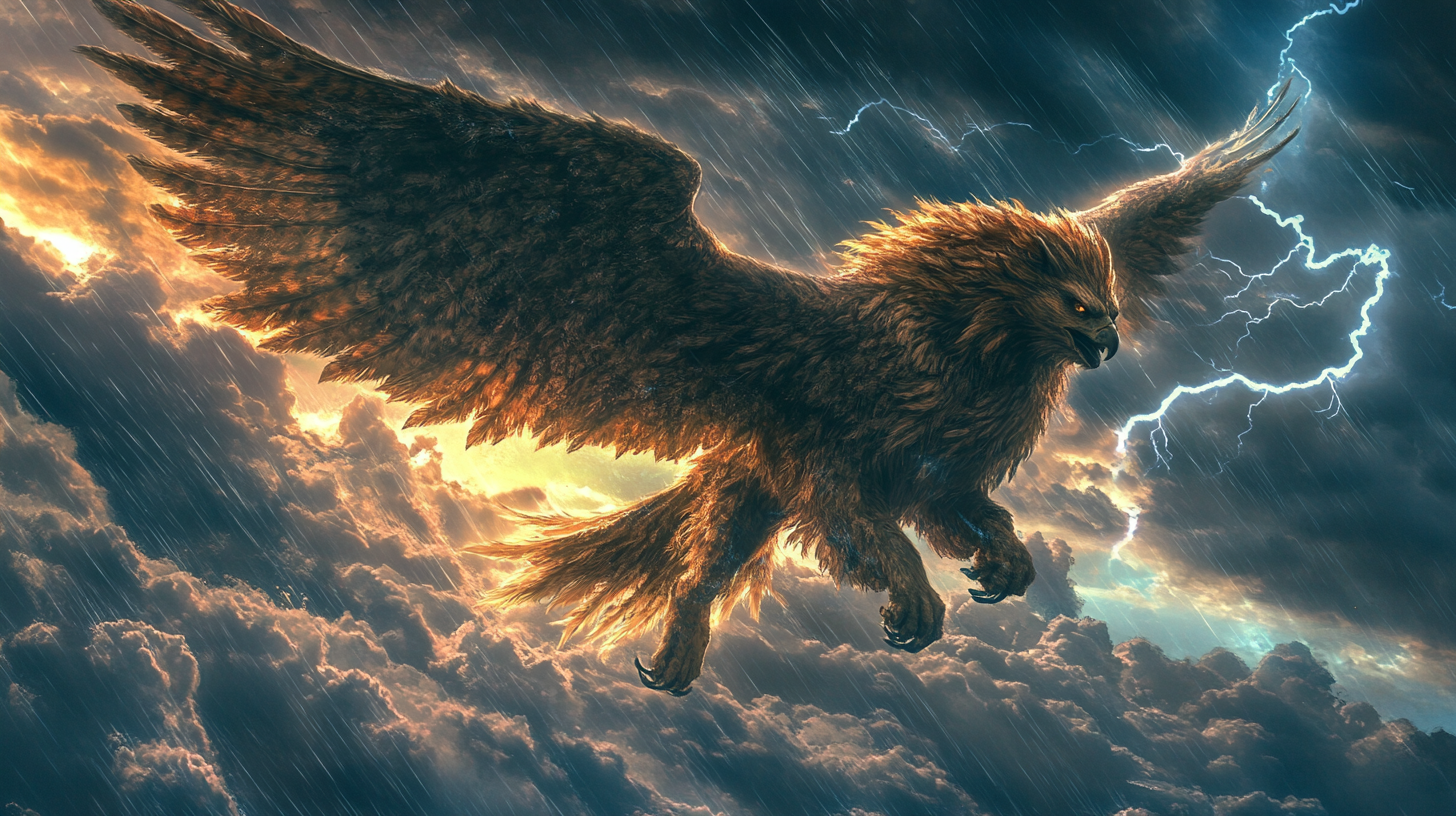 The Majestic Griffin Soaring in Stormy Sky