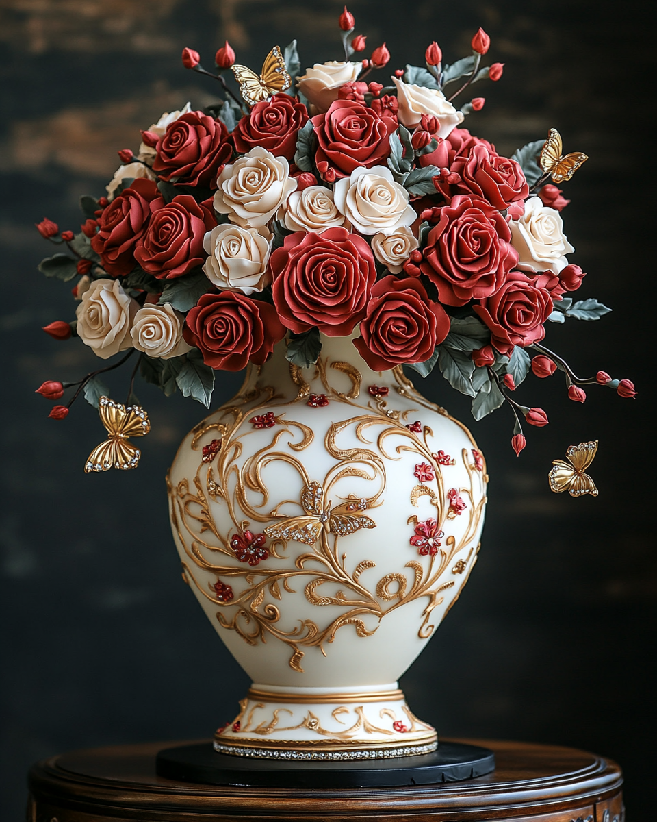 The Majestic Vase-Shaped Multi-Tiered Rose Cake