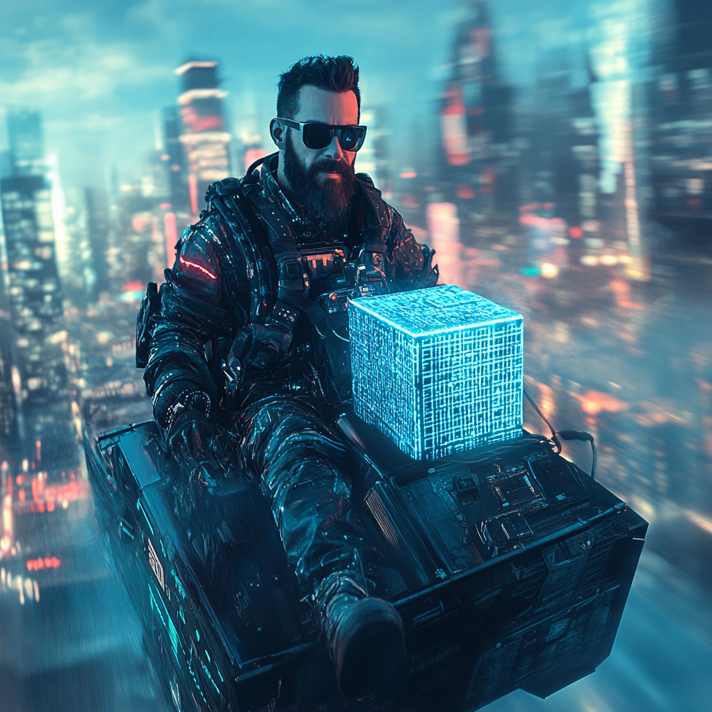 The Man in Cyberpunk Boat with Blue Cube.