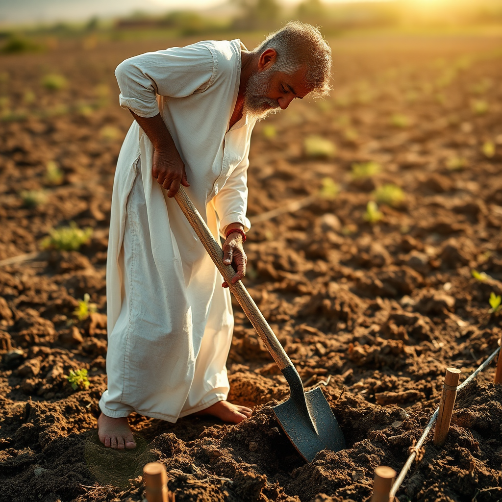 The Man in White Clothes Working in Field