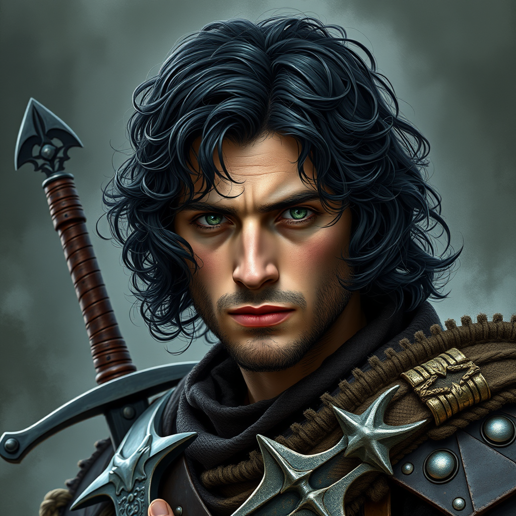 The Medieval Warrior with Green Eyes and Weapons