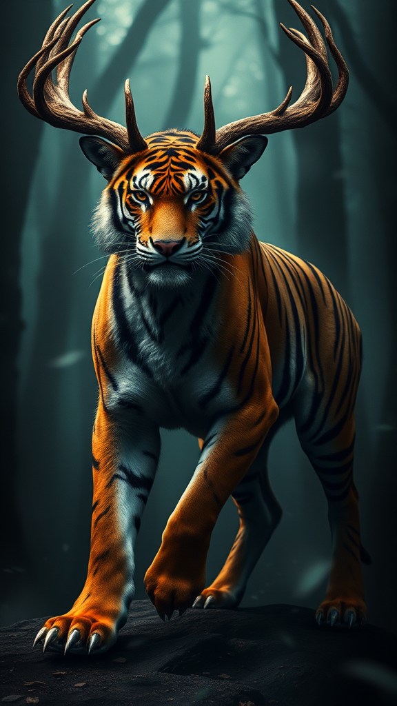 The Mighty Tiger-Deer in Shadowy Forest.