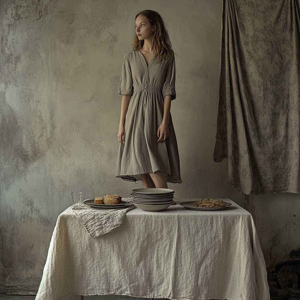 The Model Stands on Table in Dining Room.