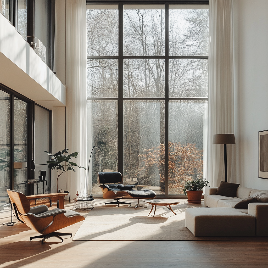 The Modern Bright Living Room With Big Windows.