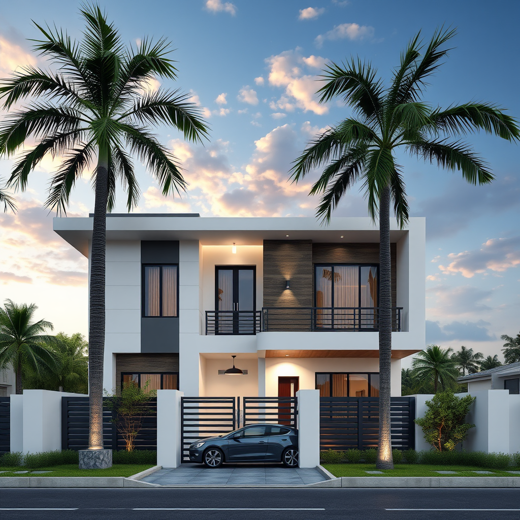 The Modern White House with Coconut Trees and Car