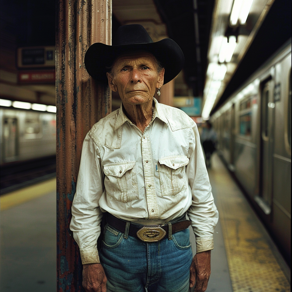 The Old Cowboy in Subway with Diamond Earrings