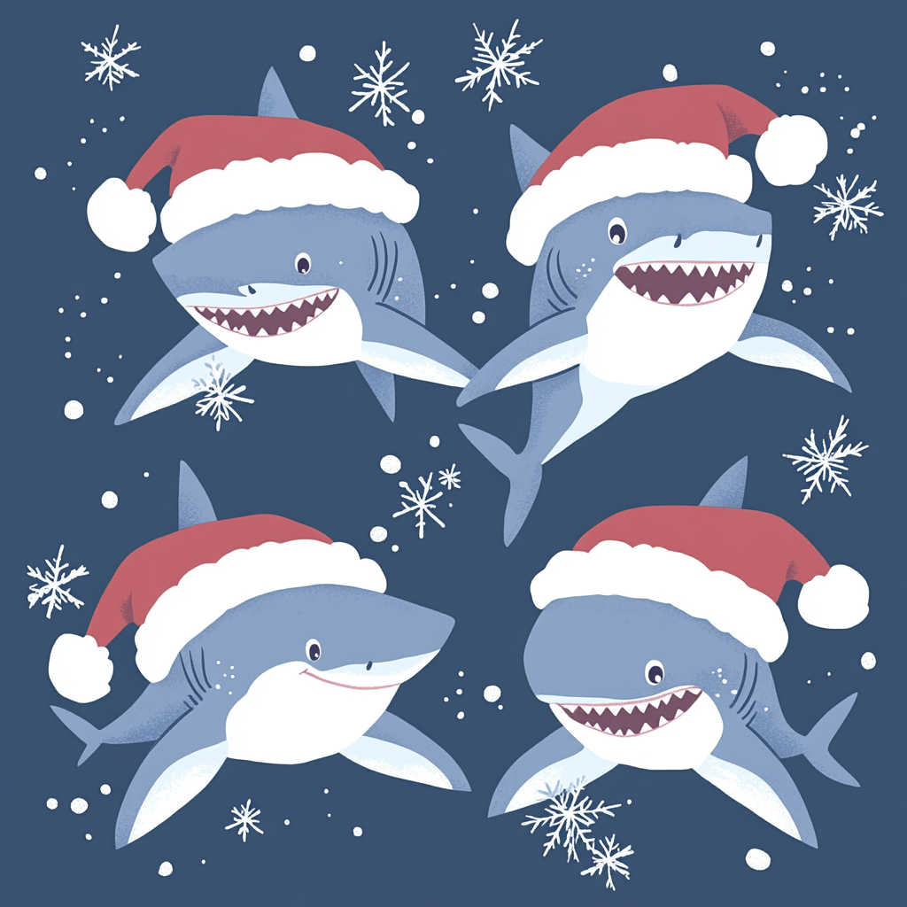 The Playful Sharks in Santa Hats Cartoon