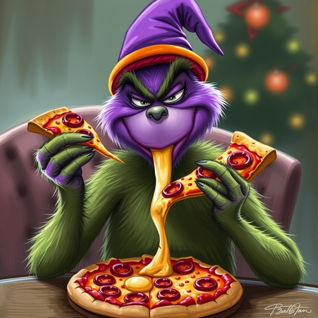 The Purple Grinch Enjoying a Pizza