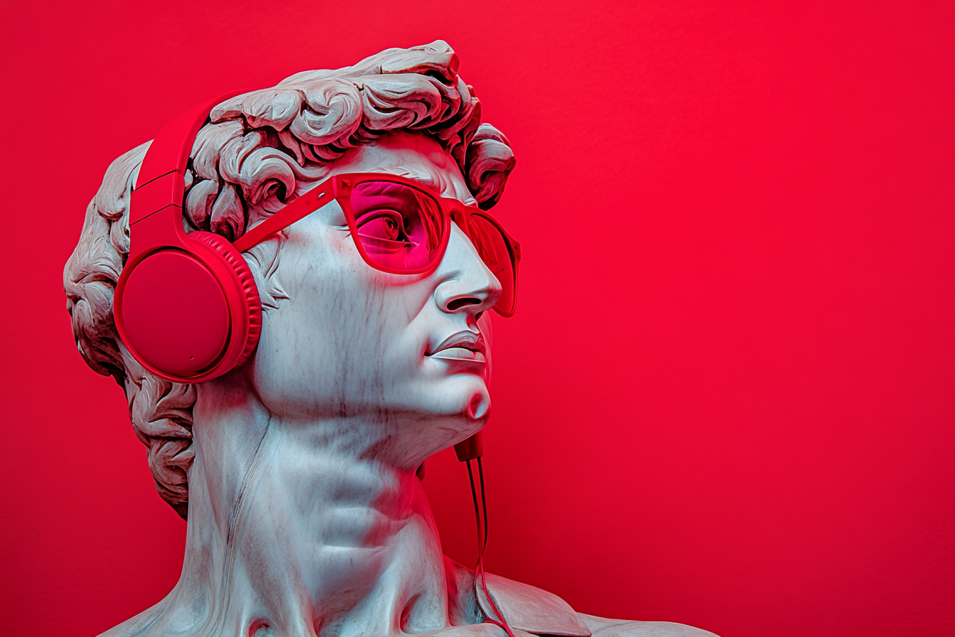 The Red David with Headphones and Sunglasses