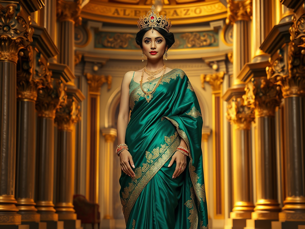 The Regal Queen in Emerald Saree and Royal Jewelry