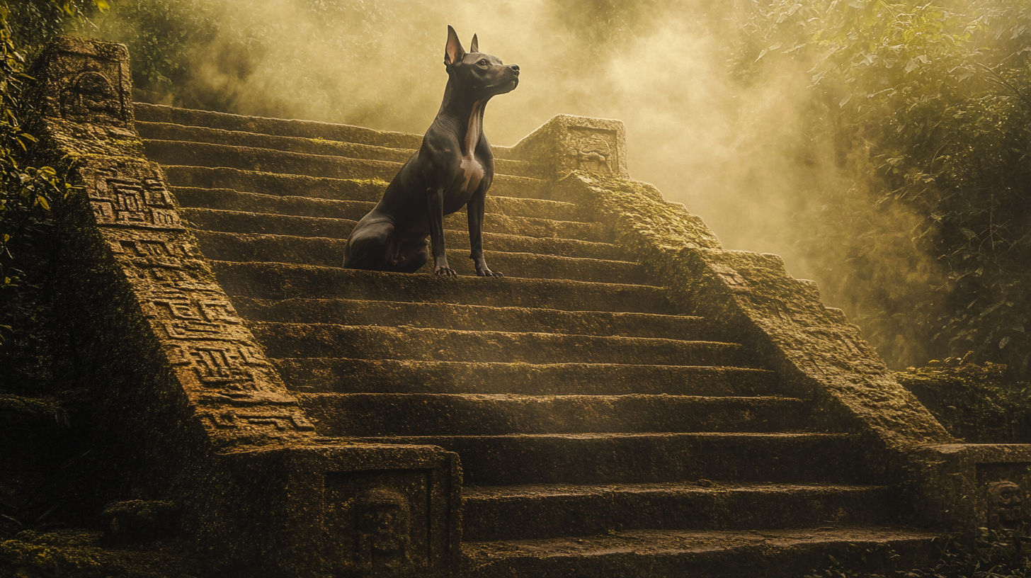 The Regal Xoloitzcuintle on Aztec Pyramid