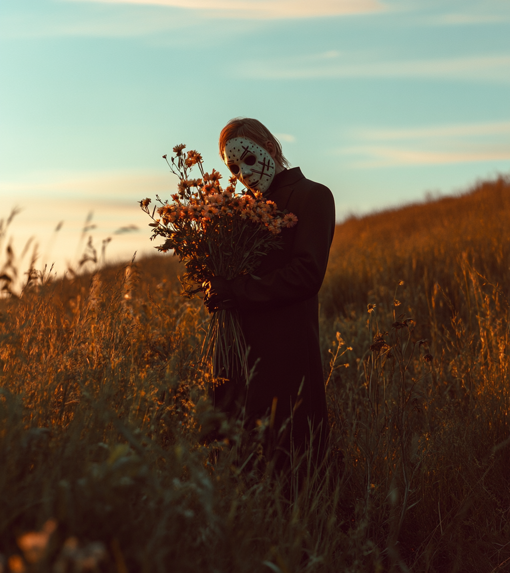 The Romantic Killer Holding Wildflowers on Hillside