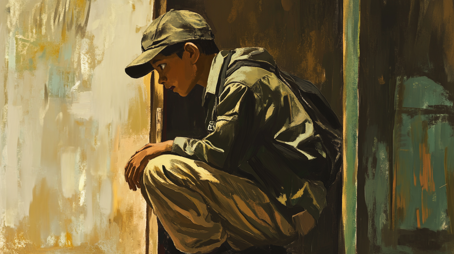 The Scared Boy at Door in Olive Green