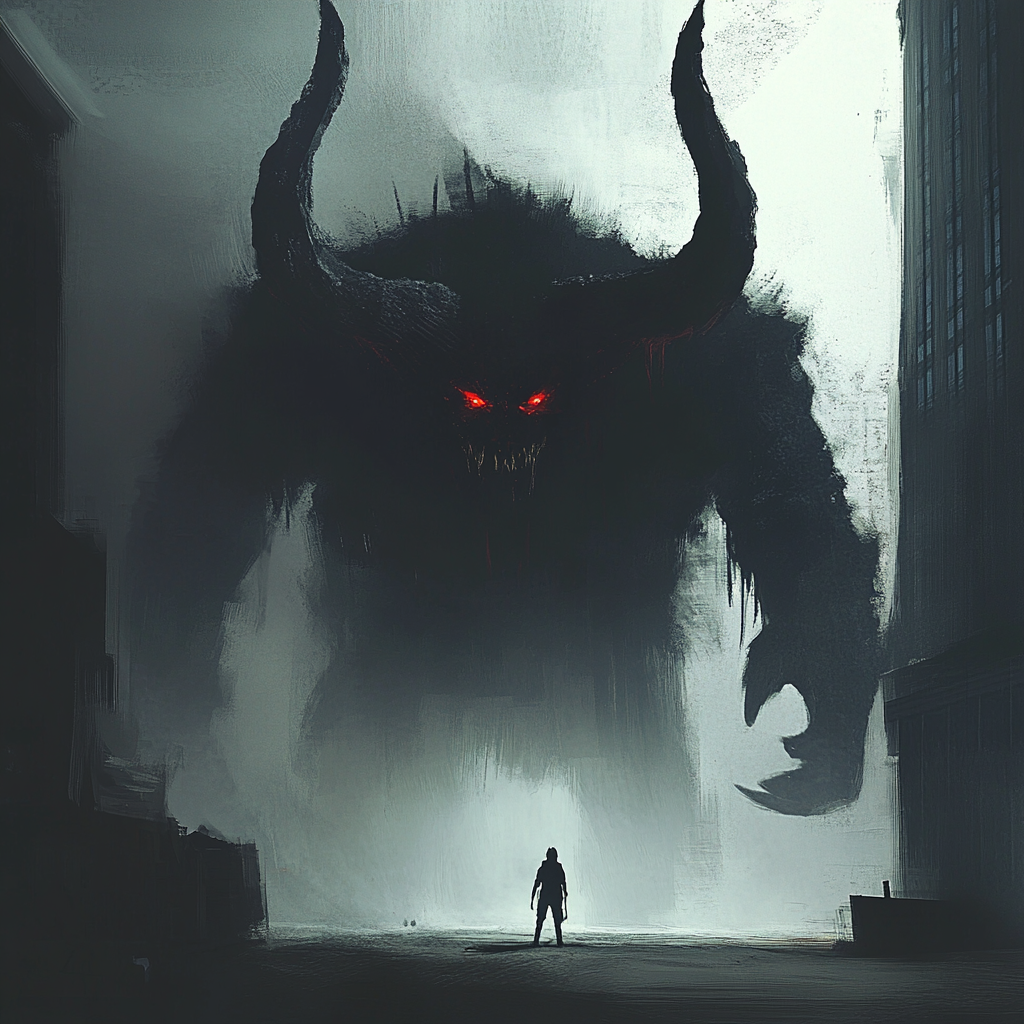 The Shadowy, Horned Monster with Glowing Red Eyes