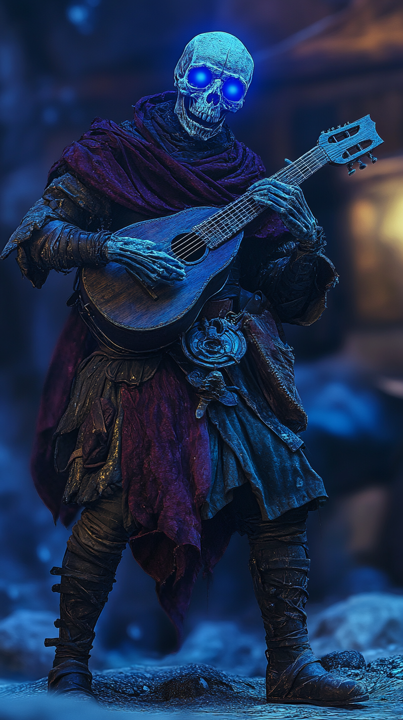 The Skeleton Bard Playing Lute with Blue Eyes