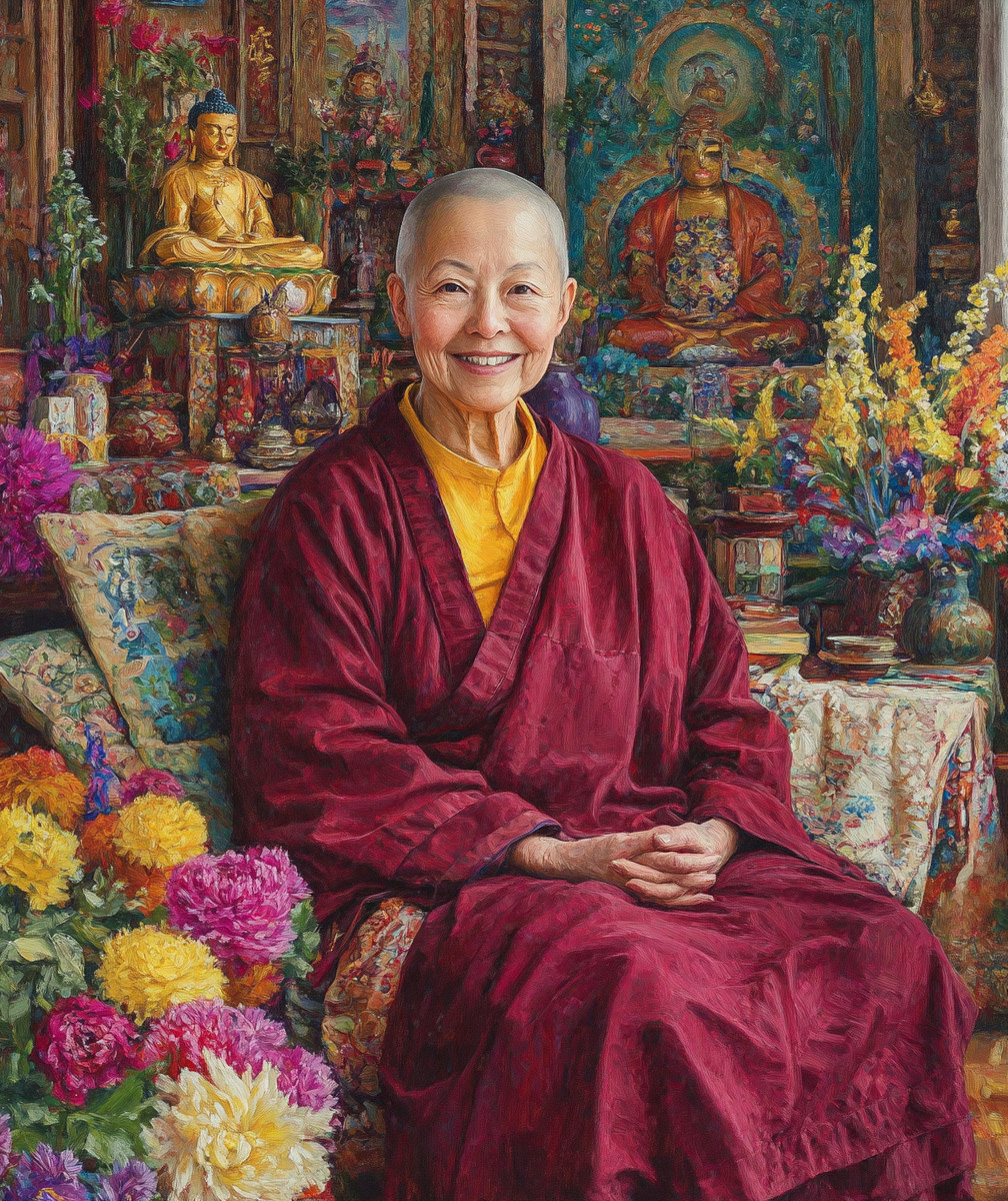 The Smiling Tibetan Nun Amidst Her Beautiful Home