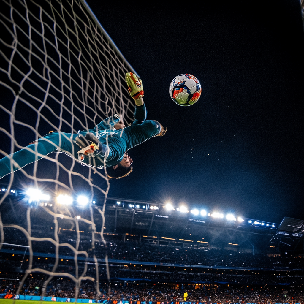 The Soccer Goalkeeper Leaping to Save at Night.