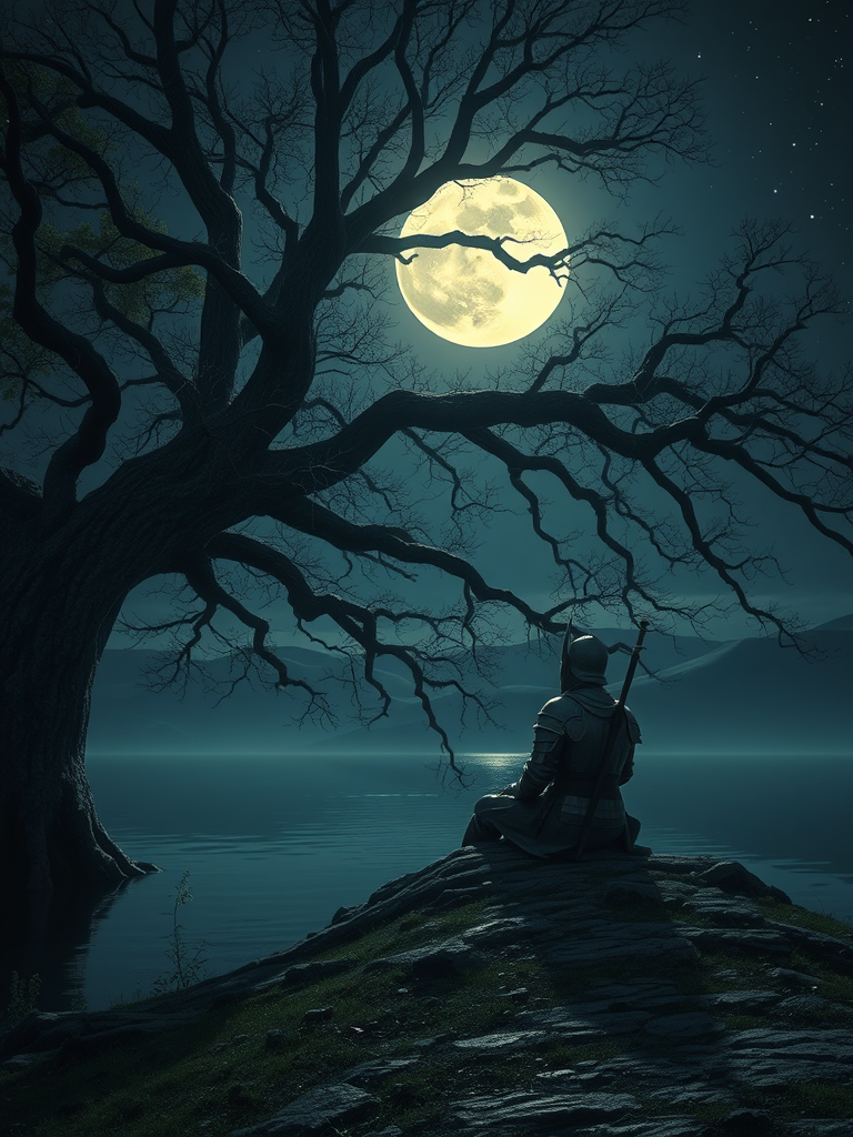 The Solitary Knight's Moonlit Reflection by the Lake
