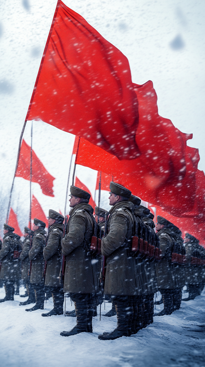 The Soviet army standing in snow with flags.