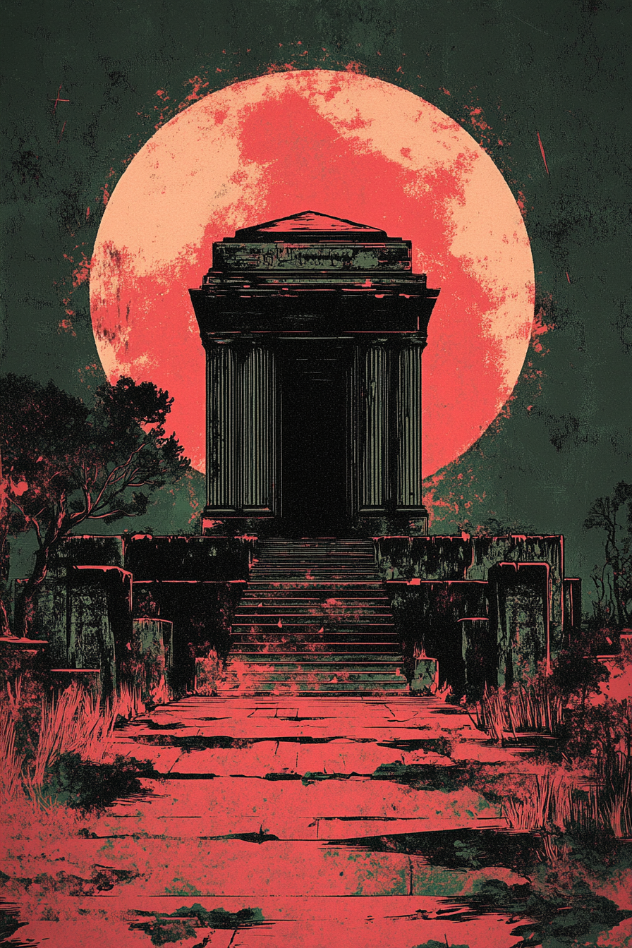 The Spooky Mausoleum T-Shirt Illustration in Synthwave Style