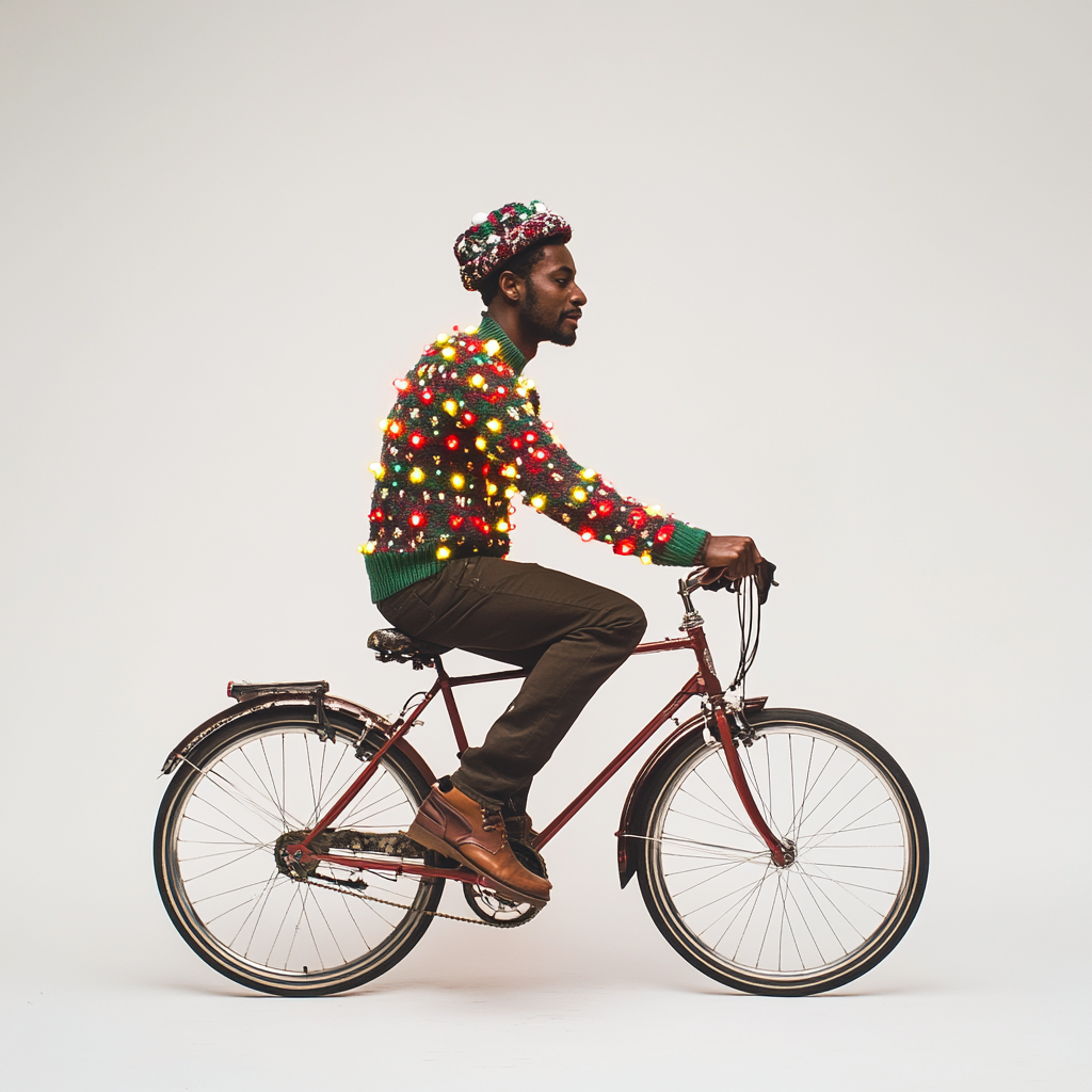 The Stylish Man in Christmas Sweater Rides Bike