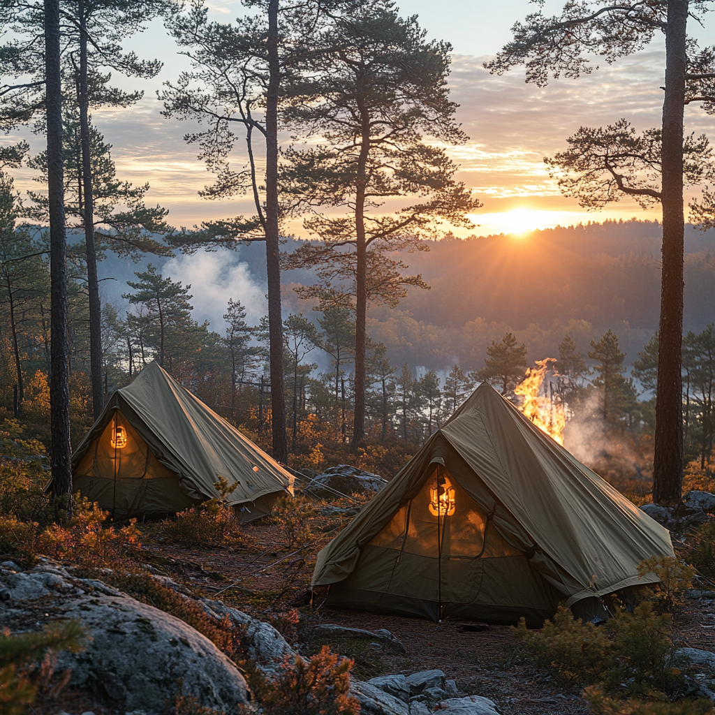 The Sunrise Campsite: Autumn Forest and Fire