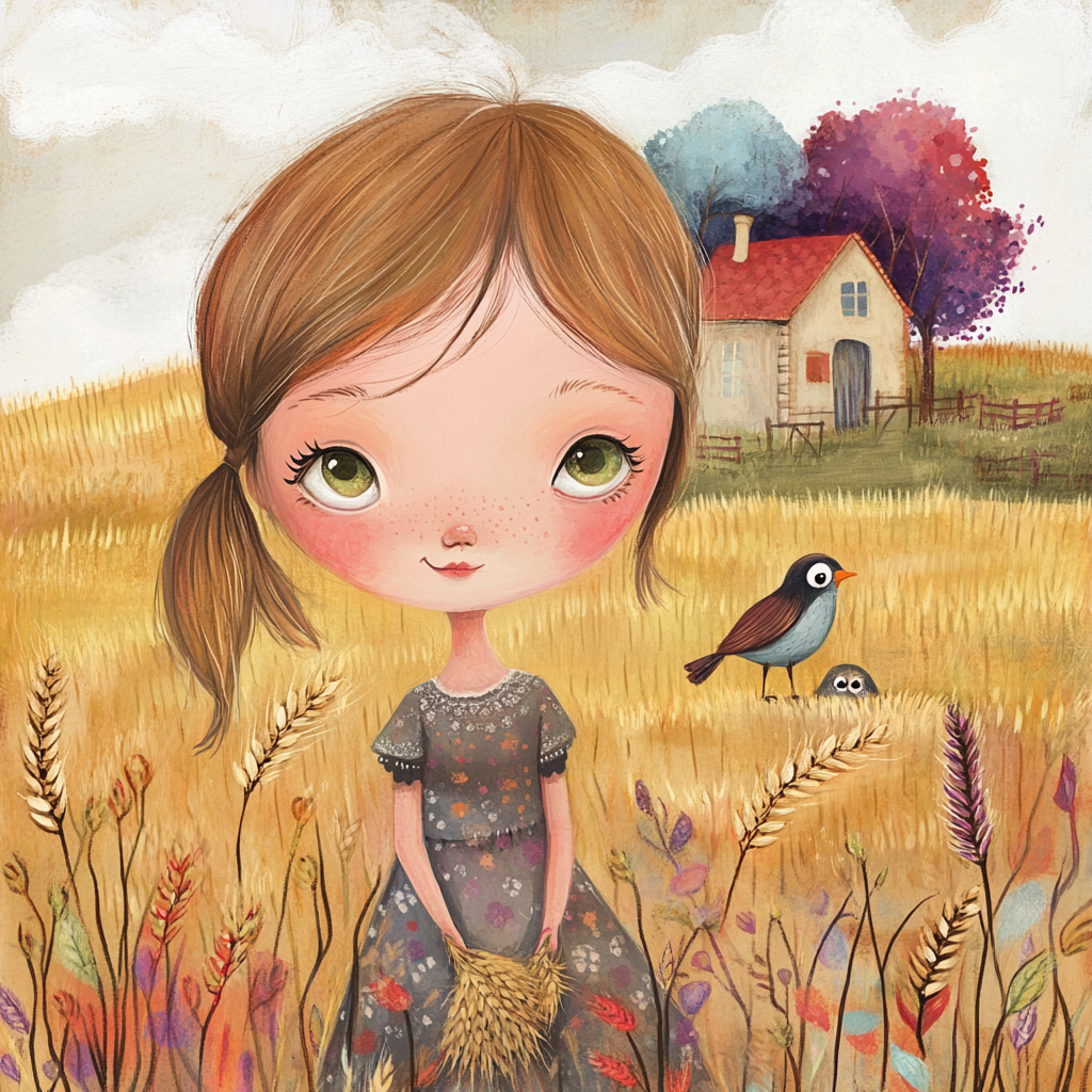 The Sweet Girl Picking Wheat in Dreamy Field