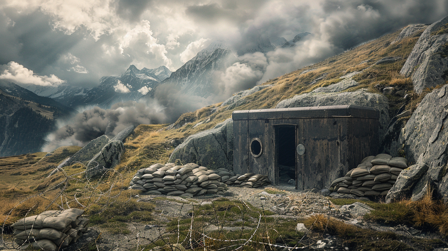 The Swiss mountain landscape in wartime turmoil