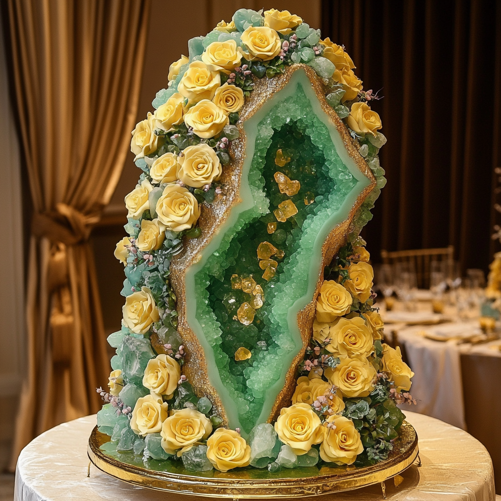 The Tall Green Geode Cake with Yellow Roses