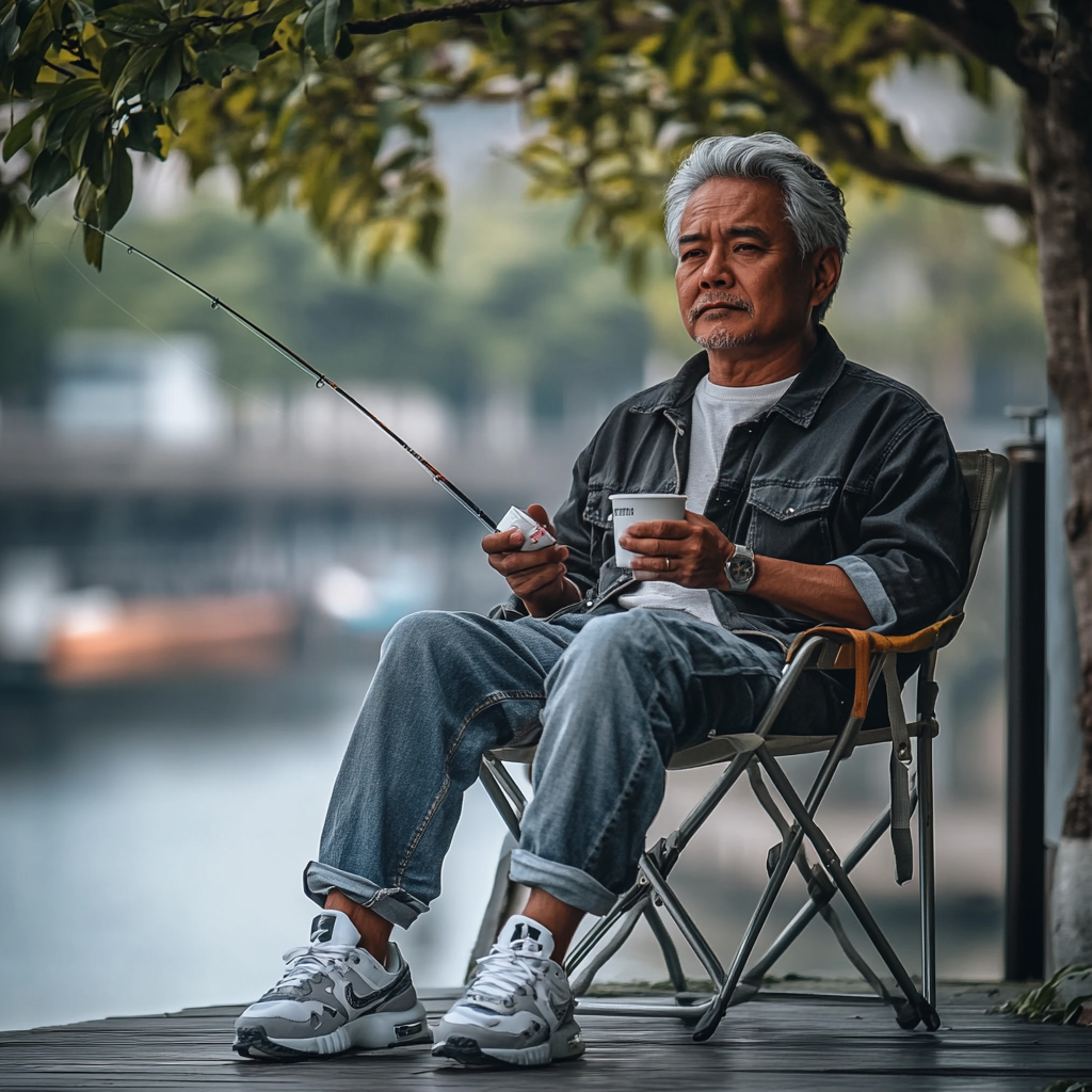 The Thai man is fishing by the river.